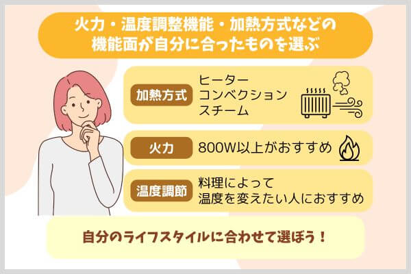 火力・温度調整機能・加熱方式などの機能面が自分に合ったものを選ぶ